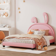 Load image into Gallery viewer, Full Size Upholstered Leather Platform Bed with Rabbit Ornament, Pink

