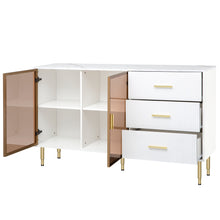 Load image into Gallery viewer, Modern Sideboard MDF Buffet Cabinet Marble Sticker Tabletop and Amber-yellow Tempered Glass Doors with Gold Metal Legs &amp; Handles (White)
