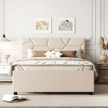 Carregar imagem no visualizador da galeria, Full Size Upholstered Platform Bed with Brick Pattern Headboard and Twin Size Trundle, Linen Fabric, Beige
