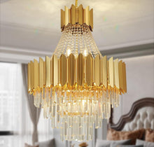 Carregar imagem no visualizador da galeria, AHOCI Modern Crystal Chandelier, Luxury Gold Crystal Hanging Ceiling Light Contemporary Large Raindrop Pendant Chandelier for Living Room Dining Room

