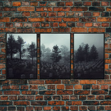 Load image into Gallery viewer, Spooky haunted graveyard at night, art for witches, 3 piece canvas, 3 piece wall art, cemetery art
