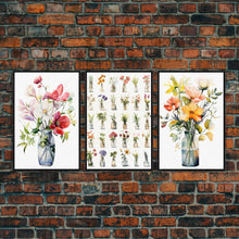 Load image into Gallery viewer, 3 Piece Set, Cute Kawaii Floral Print, Flowers In Vases, Framed Wall Art, Canvas Print, Botanical Wall Decor, Dried Flower Large Triptych

