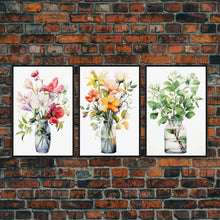 Load image into Gallery viewer, 3 Piece Set, Cute Kawaii Floral Print, Flowers In Vases, Framed Wall Art, Canvas Print, Botanical Wall Decor, Boho Kitchen Art, French Art
