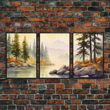 Load image into Gallery viewer, Beautiful Wall Art 3 Piece Canvas Print Framed Wall Decor, Watercolor Landscape Painting Print, Pacific Northwest, Oregon Art
