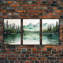 Load image into Gallery viewer, 3 Panel Framed Canvas Print Wall Art Set of 3 Emerald Green Mountain Forest Lake Landscape Minimalist Modern Art Nature Wall Decor Pine Tree
