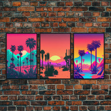 Carregar imagem no visualizador da galeria, California Desert Art, Retro / Vaporwave / Synthwave 80s Vibes 3 Piece Canvas Prints, Game Room Art, Living Room / Bed Room Retro Decor
