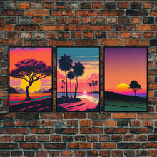 Load image into Gallery viewer, Triptych 3 panel Wall Art, Framed Canvas Prints, Synthwave Landscape Decor, MCM 80s Vibes Retro Style 3 Piece Art
