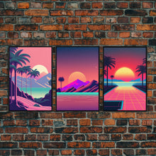 Load image into Gallery viewer, Retro 80s Style Art, 3 Panel Framed Canvas Prints, Canvas Wall Art, Synthwave / Vaporwave Aesthetic Retro Style Wall Art, Pink Wall Decor
