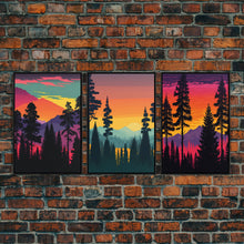 Load image into Gallery viewer, 3 Piece Retro Style Forest Wall Art Canvas Print, Set of 3 Forest Landscape Art, Green Forest, Nature, Modern Art, Minimalist, Misty, Decor
