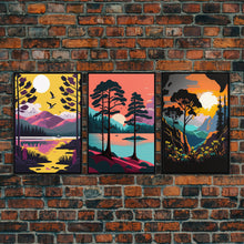 Load image into Gallery viewer, 3 Piece Framed Canvas Wall Art Wood Panel Effect Mountain Range Top Print Modern Art, Rustic Living Room Wall Art, Western Decor, Retro Feel

