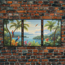 Load image into Gallery viewer, Palm Tree Art, Tropical Wall Art, Macaw, Landscape Art Print, Canvas Print, Wall Art, 3 Piece Wall Art, Retirement Gifts, Apartment Wall Art

