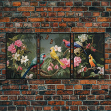 Cargar imagen en el visor de la galería, Flowers Wall Print, Tropical Wall Art, Macaw, Jungle Art Print, Canvas Print, Wall Art, 3 Piece Wall Art, Modern Office Art, Wedding Gift
