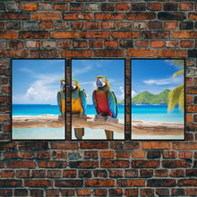 Cargar imagen en el visor de la galería, Parrot Wall Art, Tropical Wall Art, Beach Art Print, Seascape Print, Canvas Print, Wall Art, 3 Piece Wall Art, Apartment Wall Decor

