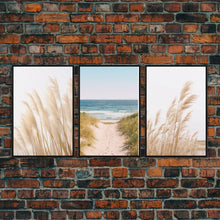 Load image into Gallery viewer, Framed Beach Photography Prints, 3 Piece Set, Minimalist Boho Beach Decor, Beach House Art, Rustic Decor, 3 Panel Art Prints
