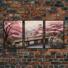 Cargar imagen en el visor de la galería, Cherry Blossom Wall Art, Japanese Print, Landscape Wall Art, Canvas Print, Wall Art, 3 Piece Wall Art, Farmhouse Wall Decor, Above Bed Art
