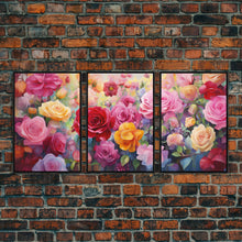 Load image into Gallery viewer, Beautiful Rose Art, Framed Canvas Print, Floral Art, Botanical  Decor, Blue and Yellow Roses, 3 Piece Art Set
