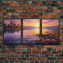 Carregar imagem no visualizador da galeria, Beautiful 3 Piece Wall Art, Framed Canvas Print, 3 Piece Set, Lake House Decor, Sunset Over The Purple Marsh, Above Sofa Art
