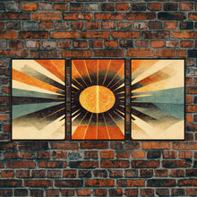 Carregar imagem no visualizador da galeria, Abstract Midcentury Modern Sunburst, Art Deco Style art, sun with rays, sun burst, boho style, 3 Piece Wall Art, Ready To Hang Canvas Print
