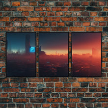 Load image into Gallery viewer, Cyberpunk Cityscape, Cyberpunk Concept Art at Sunset, Cool mancave art, 3 Piece Canvas Decor, 3 Piece Wall Art, Ready To Hang Canvas Prints
