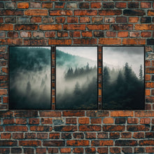 Load image into Gallery viewer, 3 piece Misty forest Fog wall art Foggy forest Farmhouse decor Foggy landscape Forest canvas print Multi panel canvas Trendy wall decor
