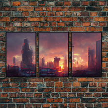 Load image into Gallery viewer, Cyberpunk City, Night City Watercolor, Videogame Concept Art, Watercolor Of a Cyberpunk City 3 Piece Wall Art, Ready To Hang Canvas Print
