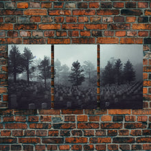Load image into Gallery viewer, Spooky haunted graveyard at night, art for witches, 3 piece canvas, 3 piece wall art, cemetery art
