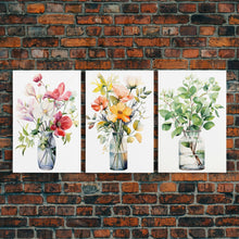 Load image into Gallery viewer, 3 Piece Set, Cute Kawaii Floral Print, Flowers In Vases, Framed Wall Art, Canvas Print, Botanical Wall Decor, Boho Kitchen Art, French Art
