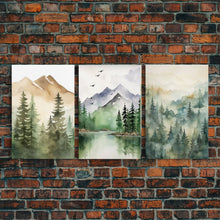 Cargar imagen en el visor de la galería, Triptych Framed Canvas Wall Art Set of 3 Green Forest Mountain Nature Landscape Prints Minimalist Modern Art, Woodland Nursery Decor
