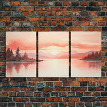 Load image into Gallery viewer, Beautiful Red Lake Sunset 3 Piece Framed Canvas Print Set, Above Sofa Art, Living Room Decor, Beautiful Wall Art, Watercolor Painting
