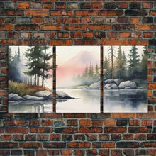 Load image into Gallery viewer, Framed Canvas Wall Art Set of 3 Pastel Mountain Range Lake Nature Landscape Prints Minimalist Modern Art Woodland Nursery Decor Office Art
