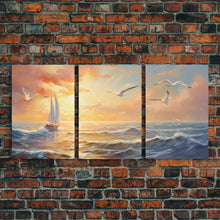 Carregar imagem no visualizador da galeria, Beautiful Ocean At Sunset 3 Piece Canvas Print Wall Art, Above Sofa, Abstract Art, Modern Art, Minimalism Lakehouse Decor
