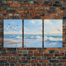 Carregar imagem no visualizador da galeria, Beautiful Seagulls Over An Ocean Beach At Sunset 3 Piece Canvas Print Wall Art, Above Sofa Art, Modern Art, Minimalism Lakehouse Decor
