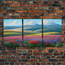 Cargar imagen en el visor de la galería, Colorful rolling hills, flower fields, landscape art,  3 piece wall art, 3 piece canvas, cool centerpiece living room wall art
