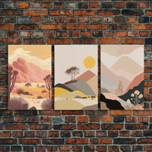 Load image into Gallery viewer, Abstract Cactus Desert Print Set of 3 Prints, Boho Decor, Desert Sun Moon Wall Art, Terracotta Blush Black Art, Framed Canvas
