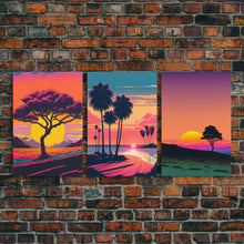 Load image into Gallery viewer, Triptych 3 panel Wall Art, Framed Canvas Prints, Synthwave Landscape Decor, MCM 80s Vibes Retro Style 3 Piece Art
