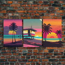 Carregar imagem no visualizador da galeria, Beach Vibes, 3 Panel Wall Art, Framed Canvas Prints, Triptych Art, 3 Piece, 80s Vibes Vaporwave Wall Art, Life Guard Hut and Palm Trees
