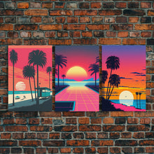 Load image into Gallery viewer, Midcentury Modern Wall Art, Mid Century Modern, 3 Piece Framed Canvas, 3 Panel Art, Triptych Art, Vaporwave Palm Trees and Sunset, 80s Retro

