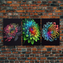 Cargar imagen en el visor de la galería, Triptych 3 Panel Wall Art - Framed Canvas Prints - Neon Flowers - Retro Style Flower Paintings - Boho Decor - Minimalist Wall Art - Modern
