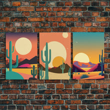 Load image into Gallery viewer, Desert Art, Desert Prints, Trendy Wall Prints, Framed Canvas Art, 3 Piece Wall Prints, Southwestern Decor, Primitive Cactus Art, Arizona Art
