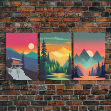 Load image into Gallery viewer, Scandinavian Canvas Prints Framed, 3 Piece Wall Art, Nordic Print Set, Modern Abstract Art, Minimalist Landscape Sunset Art, Forest Mountain
