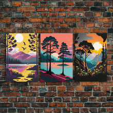 Load image into Gallery viewer, 3 Piece Framed Canvas Wall Art Wood Panel Effect Mountain Range Top Print Modern Art, Rustic Living Room Wall Art, Western Decor, Retro Feel
