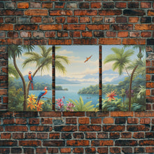 Load image into Gallery viewer, Palm Tree Art, Tropical Wall Art, Macaw, Landscape Art Print, Canvas Print, Wall Art, 3 Piece Wall Art, Retirement Gifts, Apartment Wall Art
