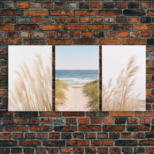 Load image into Gallery viewer, Framed Beach Photography Prints, 3 Piece Set, Minimalist Boho Beach Decor, Beach House Art, Rustic Decor, 3 Panel Art Prints

