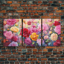Load image into Gallery viewer, Beautiful Rose Art, Framed Canvas Print, Floral Art, Botanical  Decor, Blue and Yellow Roses, 3 Piece Art Set

