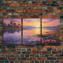 Carregar imagem no visualizador da galeria, Beautiful 3 Piece Wall Art, Framed Canvas Print, 3 Piece Set, Lake House Decor, Sunset Over The Purple Marsh, Above Sofa Art
