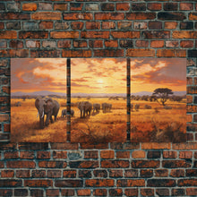 Load image into Gallery viewer, Elephant Print, Animal Wall Art, Sunset Print, Canvas Print, Wall Art, 3 Piece Wall Art, Nature Print, Retirement Gifts, Modern Office Art
