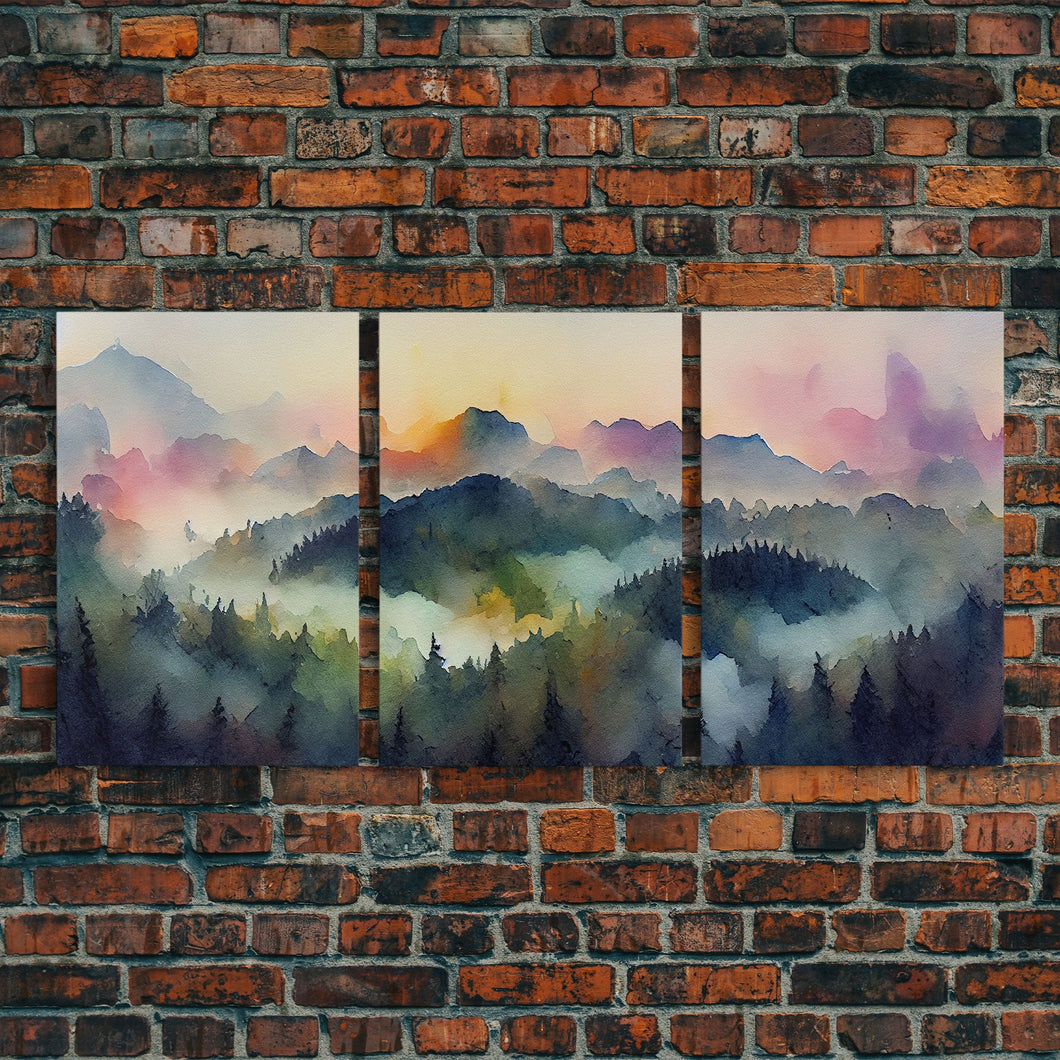 Dramatic Watercolor Sunset Landscape Abstract, Landscape Art, 3 Piece Canvas Decor, 3 Piece Wall Art, Ready To Hang Canvas Prints