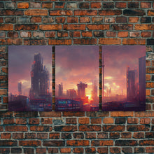 Load image into Gallery viewer, Cyberpunk City, Night City Watercolor, Videogame Concept Art, Watercolor Of a Cyberpunk City 3 Piece Wall Art, Ready To Hang Canvas Print
