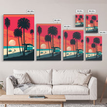 Load image into Gallery viewer, Midcentury Modern Wall Art, Mid Century Modern, 3 Piece Framed Canvas, 3 Panel Art, Triptych Art, Vaporwave Palm Trees and Sunset, 80s Retro

