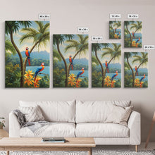 Load image into Gallery viewer, Palm Tree Art, Tropical Wall Art, Macaw, Landscape Art Print, Canvas Print, Wall Art, 3 Piece Wall Art, Retirement Gifts, Apartment Wall Art
